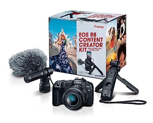 Canon EOS R8 Content Creator Kit, Full-Frame Mirrorless Camera, RF Mount, 24.2 MP, 4K Video, DIGIC X Image Processor, Compact, Lightweight, Smartphone Connection, Tripod Grip, Stereo Microphone