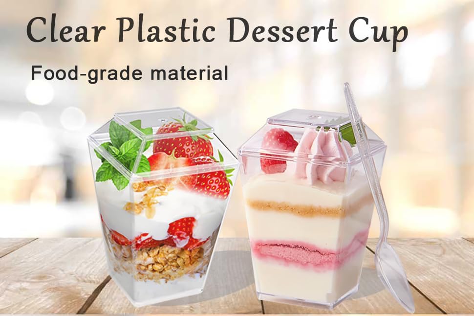 BEGA HOME Dessert Cups - 5oz 50 Cups, 50 Lids and 50 Spoons - Great for Parfaits, Pudding, Yogurt, & Mini Treats - Small Clear Plastic Cups, Yogurt Parfait Cups with Lids & Spoons