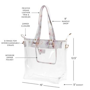 Erin Condren Large Clear Plastic Tote with Wildflower, with Gold Hardware One Inside Pocket - Designer Style Organization - 15" X 12.5" with 5" Gusset, 9” Handle Drop & Printed Trim