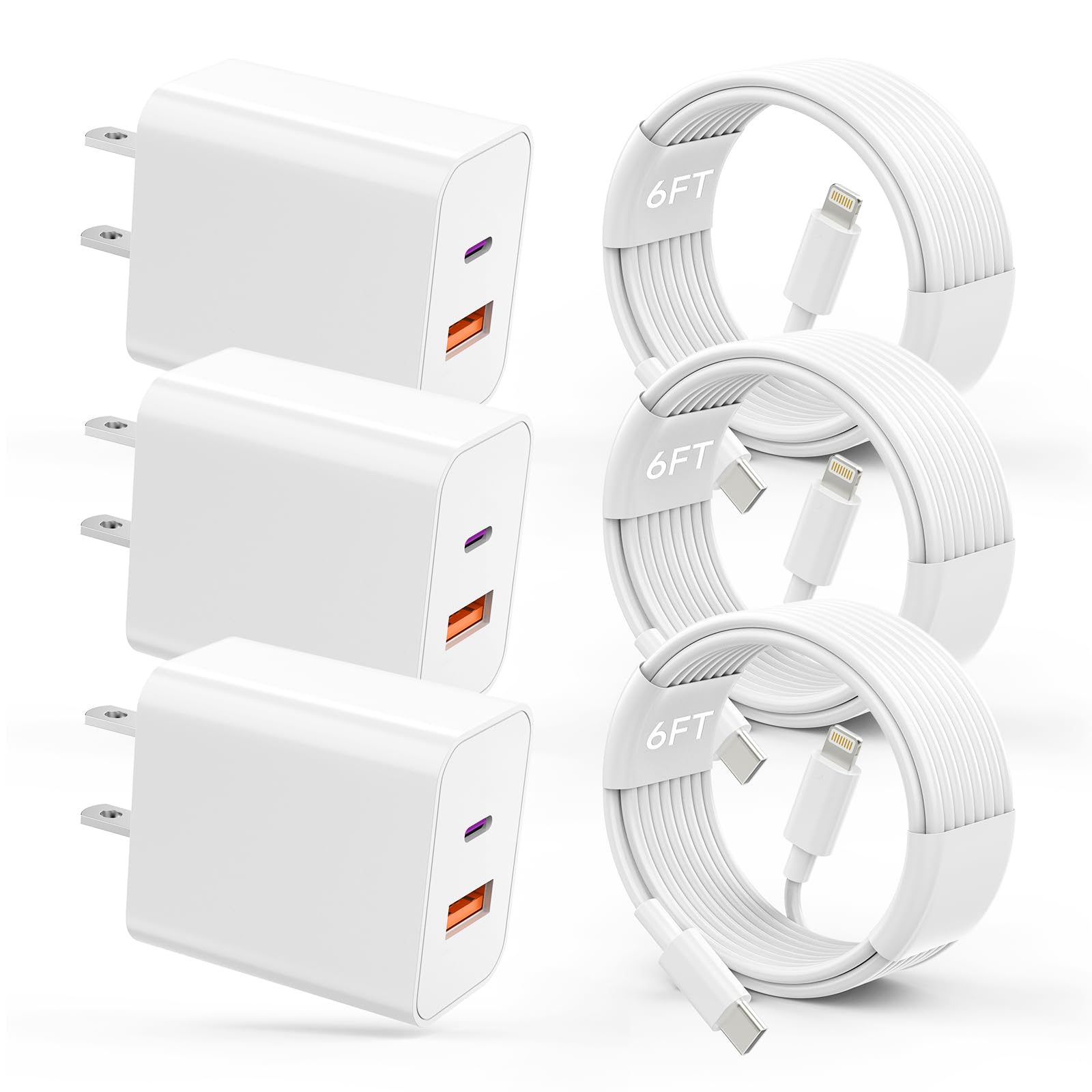 USB C Charger iPhone Charger Fast Charging 3Pack【MFi Certified】 20W PD+QC3.0 USB A Dual Port Wall Charger Block with 6FT USB C to Lightning Cable Compatible with iPhone 14 Pro Max/13Pro/12/11/XS/XR/X