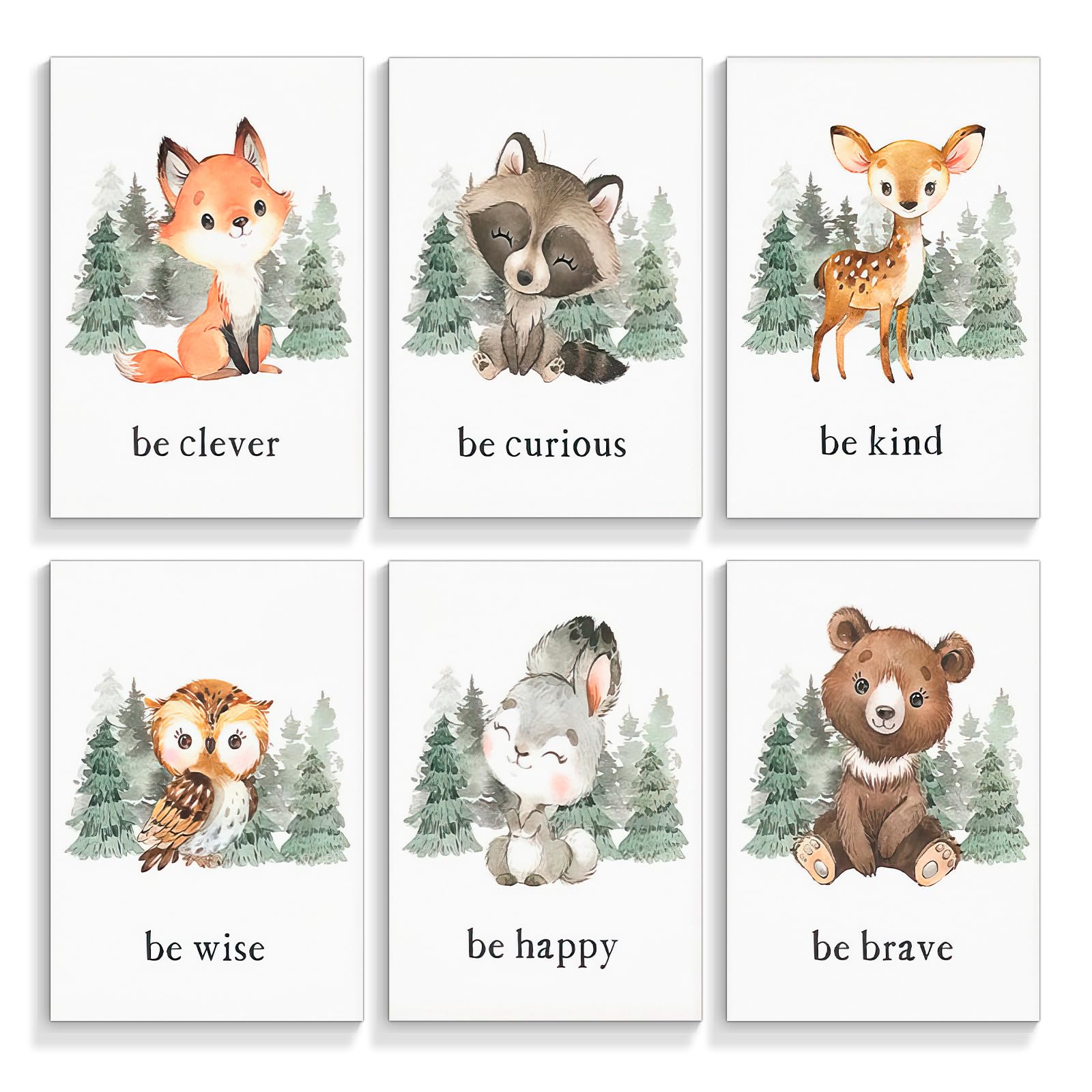 gooptyinh Woodland Nursery Animal Canvas Wall Art, 6 Piece Inspirational Forest Animals Print Posters, Motivational Quotes Cute Bear Fox Rabbit Deer Raccoon Owl Decor for Baby Bedroom 8x10in Unframed