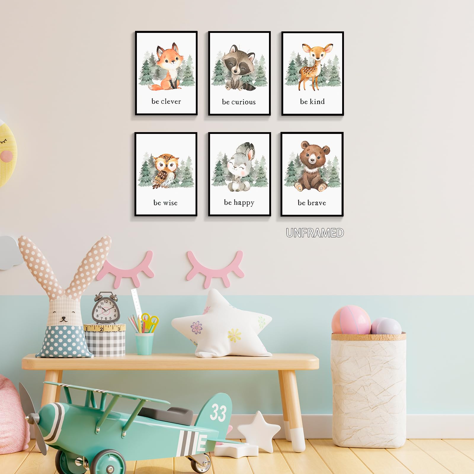 gooptyinh Woodland Nursery Animal Canvas Wall Art, 6 Piece Inspirational Forest Animals Print Posters, Motivational Quotes Cute Bear Fox Rabbit Deer Raccoon Owl Decor for Baby Bedroom 8x10in Unframed