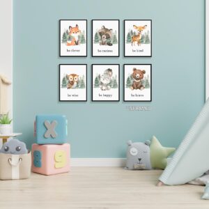 gooptyinh Woodland Nursery Animal Canvas Wall Art, 6 Piece Inspirational Forest Animals Print Posters, Motivational Quotes Cute Bear Fox Rabbit Deer Raccoon Owl Decor for Baby Bedroom 8x10in Unframed