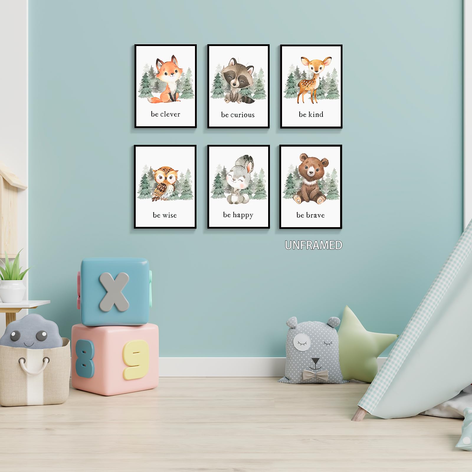 gooptyinh Woodland Nursery Animal Canvas Wall Art, 6 Piece Inspirational Forest Animals Print Posters, Motivational Quotes Cute Bear Fox Rabbit Deer Raccoon Owl Decor for Baby Bedroom 8x10in Unframed