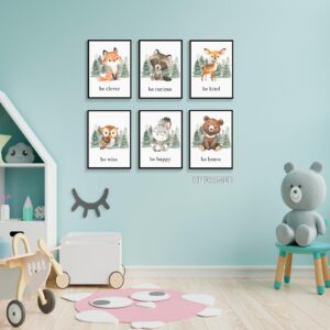 gooptyinh Woodland Nursery Animal Canvas Wall Art, 6 Piece Inspirational Forest Animals Print Posters, Motivational Quotes Cute Bear Fox Rabbit Deer Raccoon Owl Decor for Baby Bedroom 8x10in Unframed