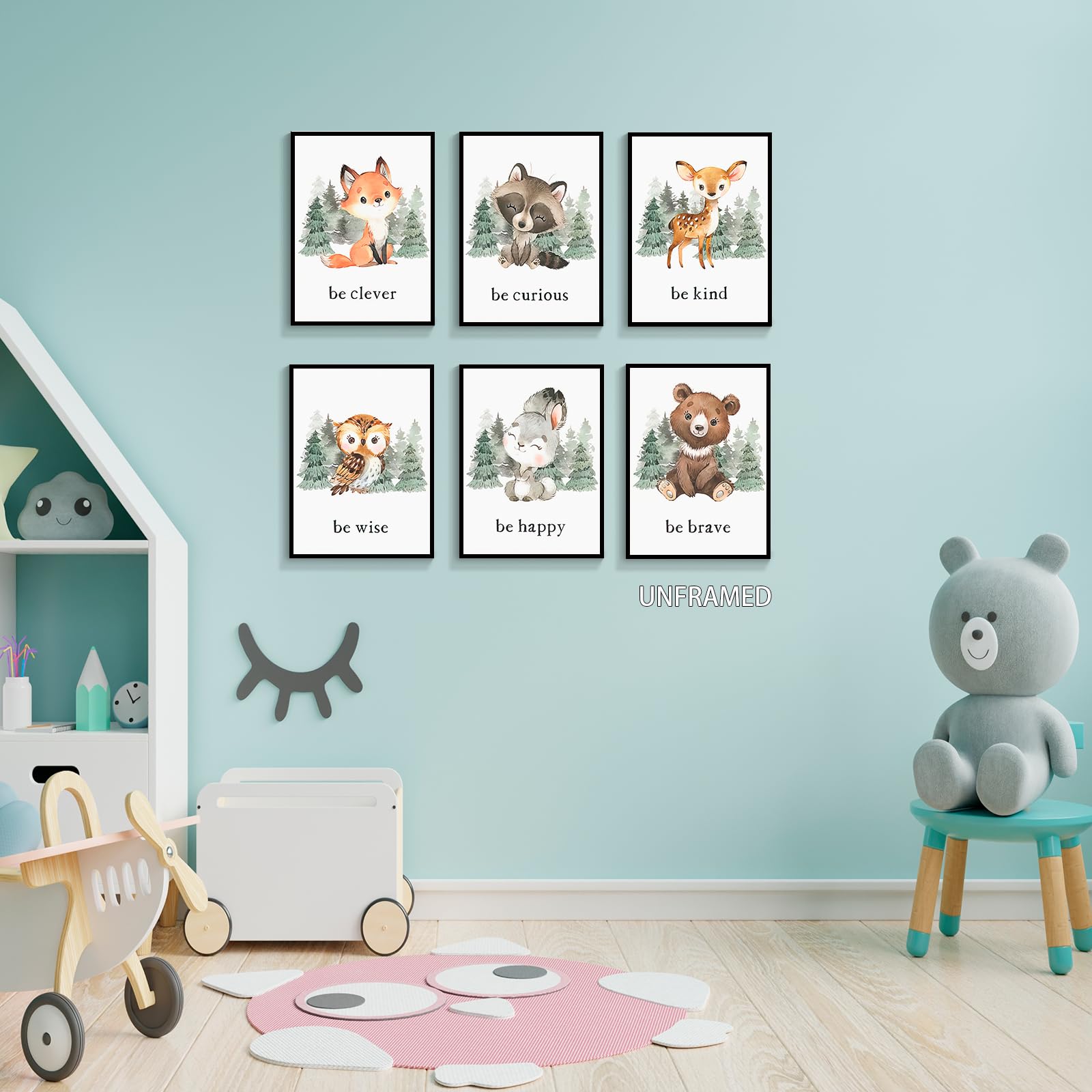 gooptyinh Woodland Nursery Animal Canvas Wall Art, 6 Piece Inspirational Forest Animals Print Posters, Motivational Quotes Cute Bear Fox Rabbit Deer Raccoon Owl Decor for Baby Bedroom 8x10in Unframed