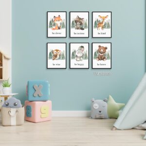 gooptyinh Woodland Nursery Animal Canvas Wall Art, 6 Piece Inspirational Forest Animals Print Posters, Motivational Quotes Cute Bear Fox Rabbit Deer Raccoon Owl Decor for Baby Bedroom 8x10in Unframed