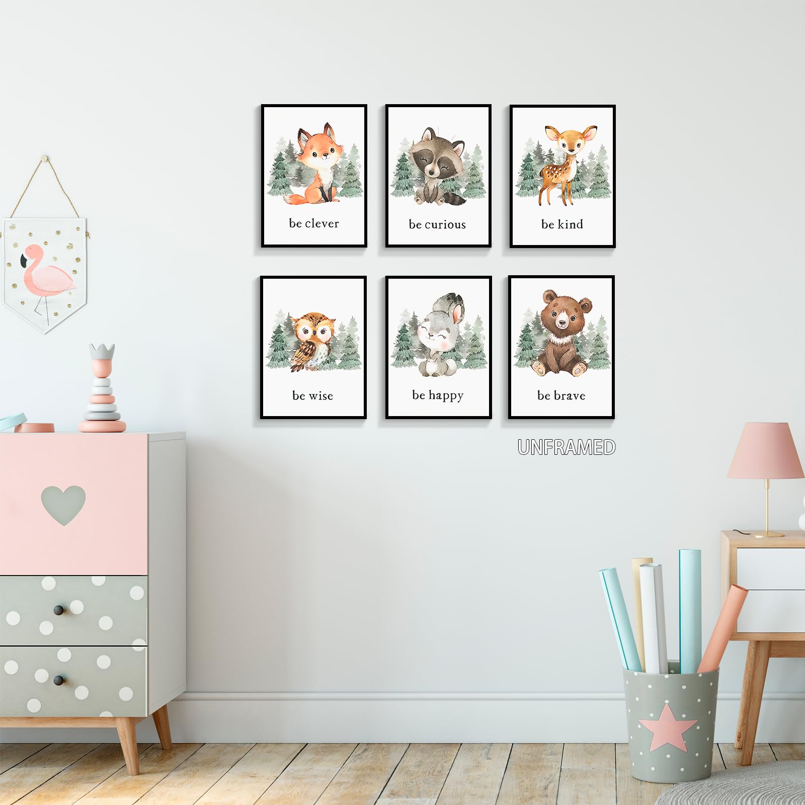 gooptyinh Woodland Nursery Animal Canvas Wall Art, 6 Piece Inspirational Forest Animals Print Posters, Motivational Quotes Cute Bear Fox Rabbit Deer Raccoon Owl Decor for Baby Bedroom 8x10in Unframed