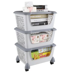 Neadas 3 Tier Stackable Storage Baskets with Wheels, Rolling Stackable Basket, Gray