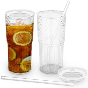20oz glass cups with lids and glass straws, 2 pack high borosilicate iced coffee glass tumbler, wide mouth smoothies, bubble tea, juice, milk, cocktails jars, travel mugs