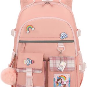 Hey Yoo Cute School Backpack for Girls Backpack for School Bag Kids Backpacks for Girls Kawaii Bookbag for Teen Girls (Pink)