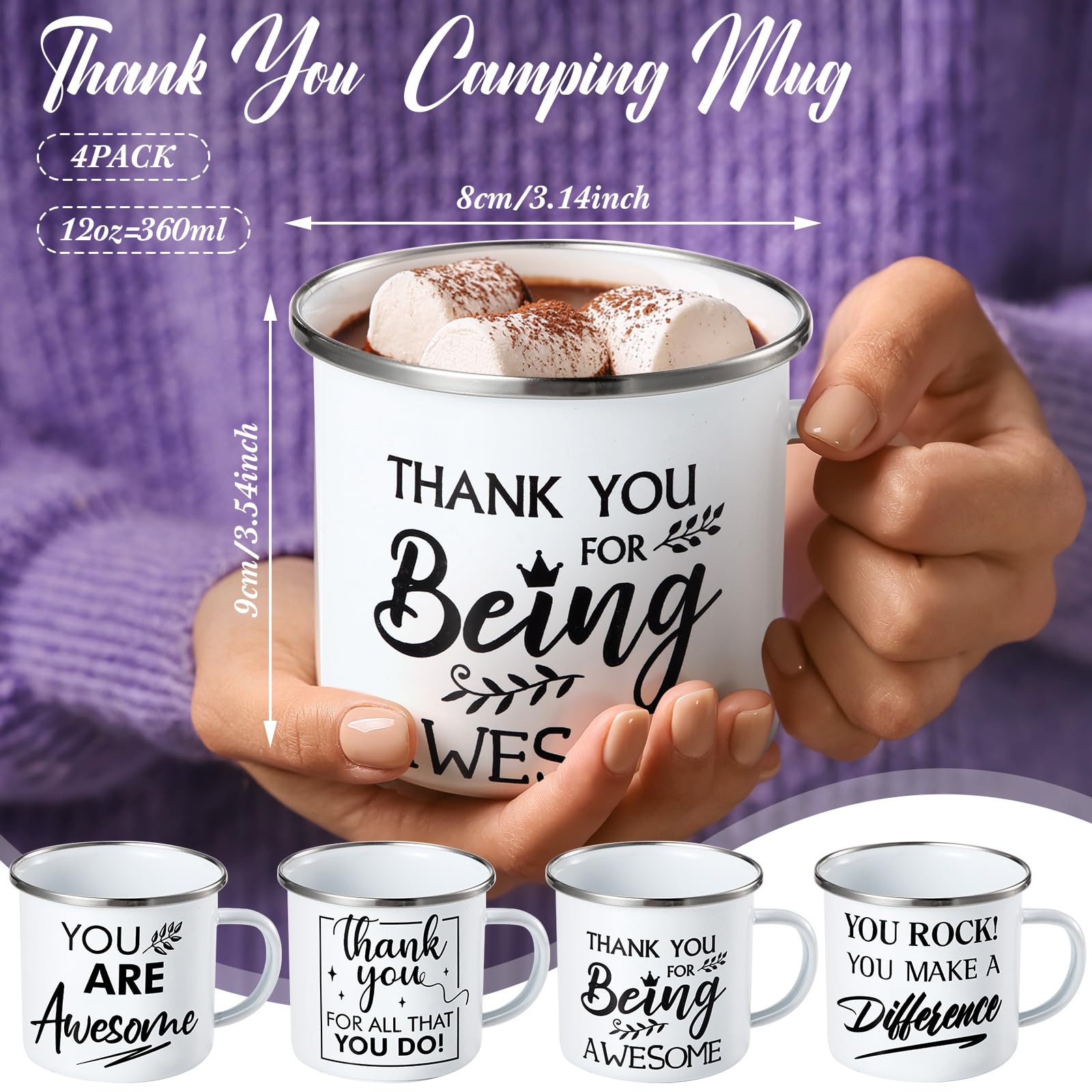 Tanlade 4 Pcs Thank You Mug Employee Appreciation Gifts 12 oz Enamel Coffee Mugs with Handle White Inspirational Cups Appreciation Gifts for Employee Coworkers Teacher Nurse Volunteer(Stylish)