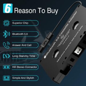 Car Cassette Audio Aux Adapter, Wireless Bluetooth 5.0 Cassette Receiver, Cassette to Aux Adapter Tape Player, for Listening to Mobile Music and Car Voice, Hands-Free Calling (Black)