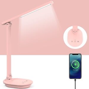 pink desk lamps for home office with usb charging port, 3 color dimmable reading lamp for bedrooms study, cute battery rechargeable cordless lamp, portable led desk light table lamp pink for girls