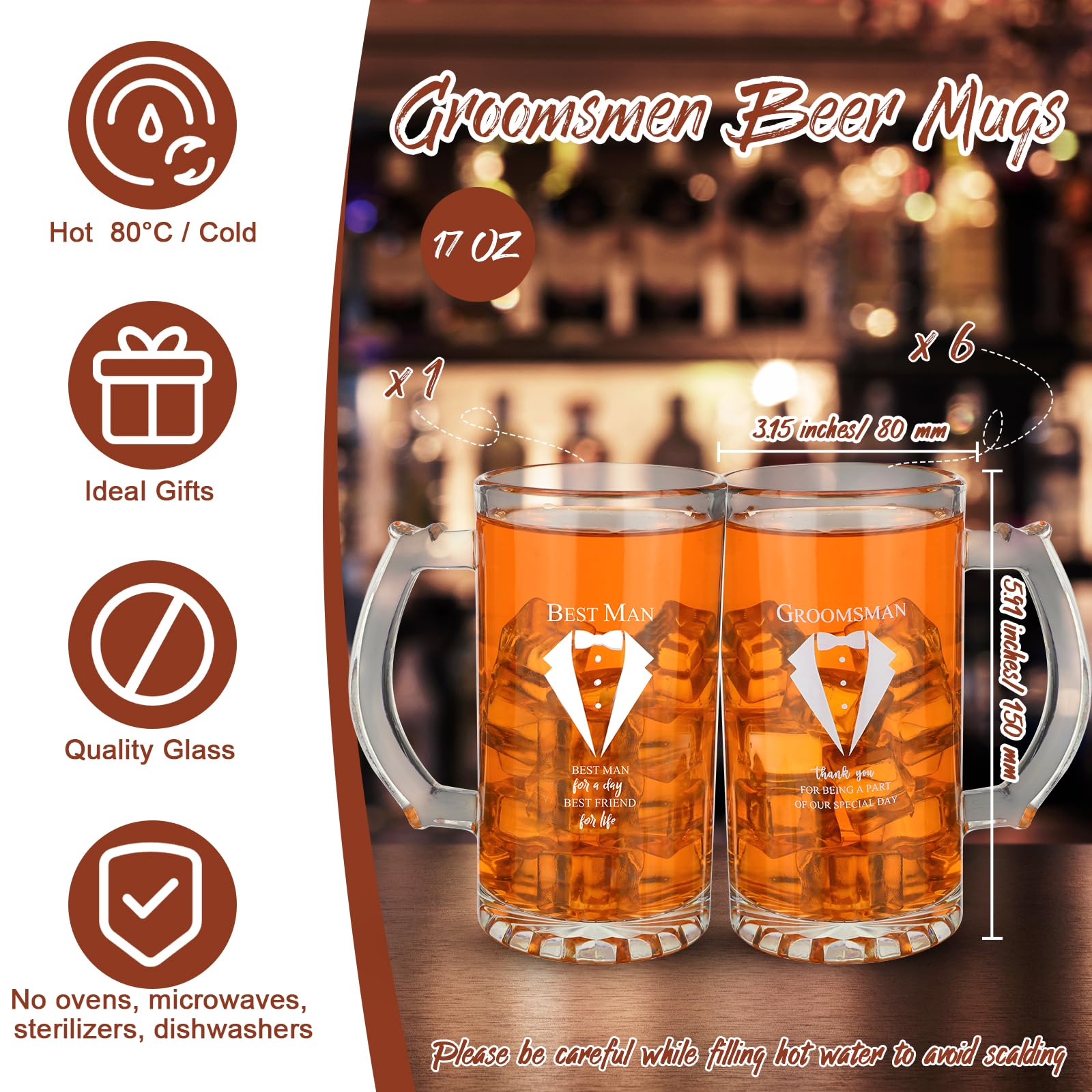 Nuanchu Set of 7 Groomsman Proposal Gifts Best Man Gift Groomsmen Beer Glass Set with Tuxedo Groomsman Glasses Will You Be My Groomsman Cards Tissue Paper for Bachelor Party(Beer Mugs, 17 oz)