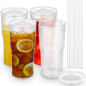 4pack glass cups with lids and glass straws, 20 oz high borosilicate tumbler glass iced coffee, wide mouth smoothies, bubble tea, juice, milk, cocktails jars, travel mugs