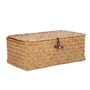 jiawu seagrass baskets, handwoven seagrass storage bins with lid, multipurpose rectangular shelf baskets, household boxes with buckle, small rustic container for shelves organizing (l)