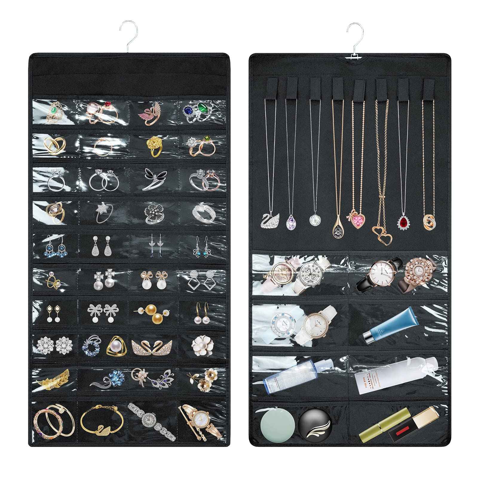 Chahot Hanging Jewelry Organizer-Closet Earring Holder Organizer with 48 Pockets & 8 Velcro, Double Side Large Jewelry Holder Earring Organizer for Earring Bracelet Rings Chain with Hanger, 1 Piece