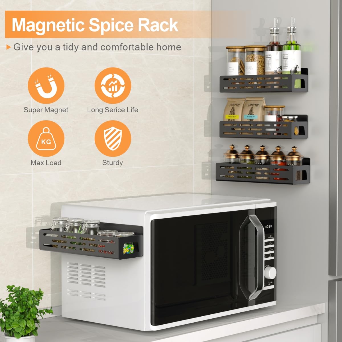 SPACWIS Magnetic Spice Rack Organizer for Refrigerator, 4 Pack Moveable Strong Magnet Spice Shelf, Kitchen Super Magnetic Shelves for Saving Space, Black.