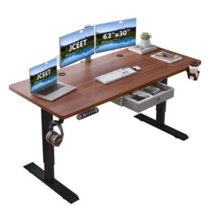 jceet electric standing desk with drawer, 63x30 inches adjustable height sit stand up desk with 4 splice boards, home office desk computer workstation with dark walnut top/black frame