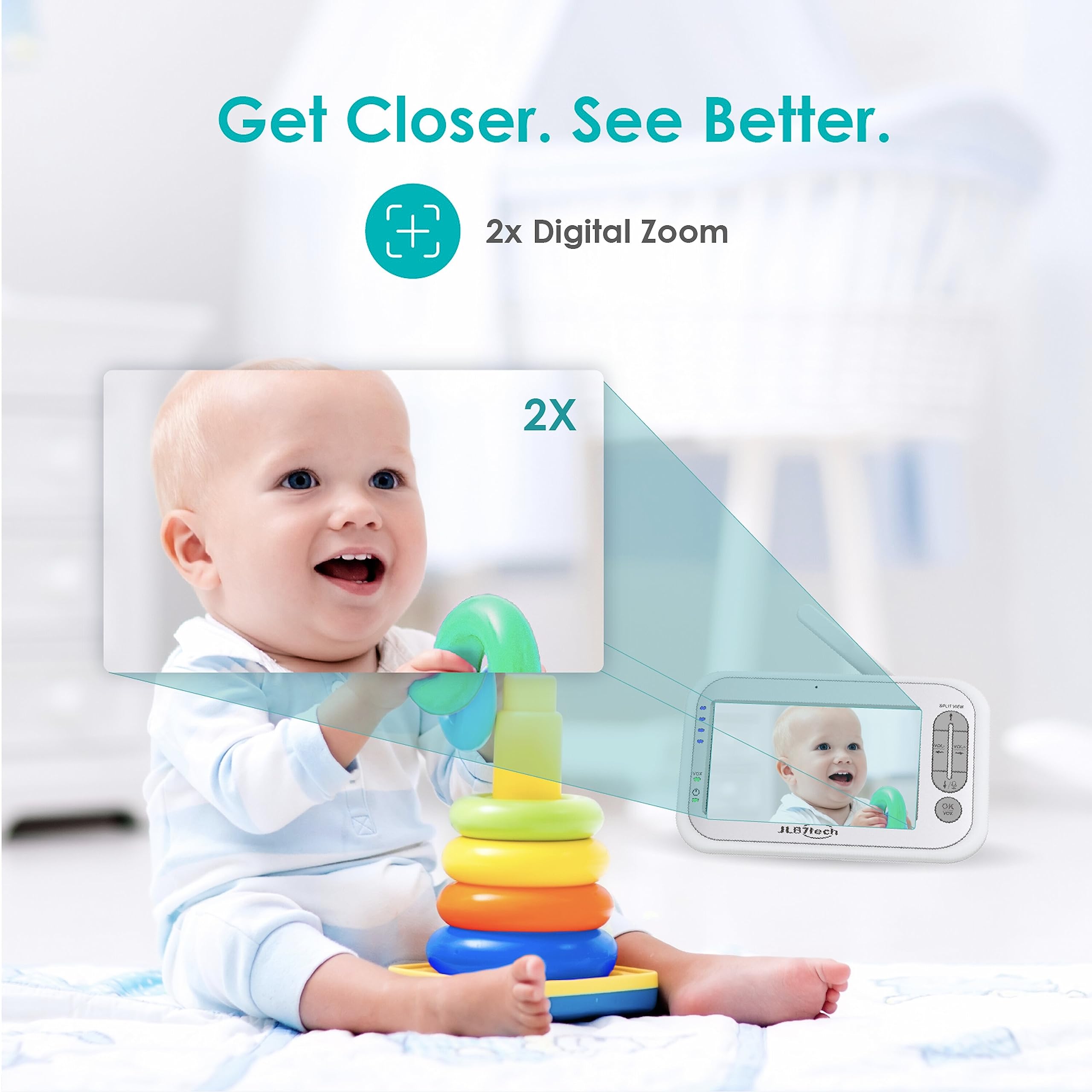 JLB7tech 5" Large Split Screen Video Baby Monitor with 2 Camera - Large Screen,Portable,Long Range,No WiFi,Auto Night Vision,Timer Setting,Lullabies,Power Saving Voice Activation,3000mAh Battery