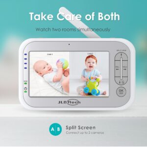 JLB7tech 5" Large Split Screen Video Baby Monitor with 2 Camera - Large Screen,Portable,Long Range,No WiFi,Auto Night Vision,Timer Setting,Lullabies,Power Saving Voice Activation,3000mAh Battery