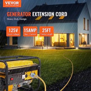 VEVOR 12/3 Gauge 15Amp Heavy Duty Outdoor Extension Cord 25 Feet, 125V 1875W Generator Power Cord, NEMA 5-15P/5-15R STJW Flexible Power Cable with Twist Lock Connectors for Generators, ETL Listed