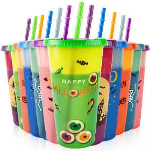 halloween color changing cups with lids and straws,12 pack 24 oz halloween cups for halloween party decorations,reusable plastic cups with lids and straws for adults kid,halloween party supplies