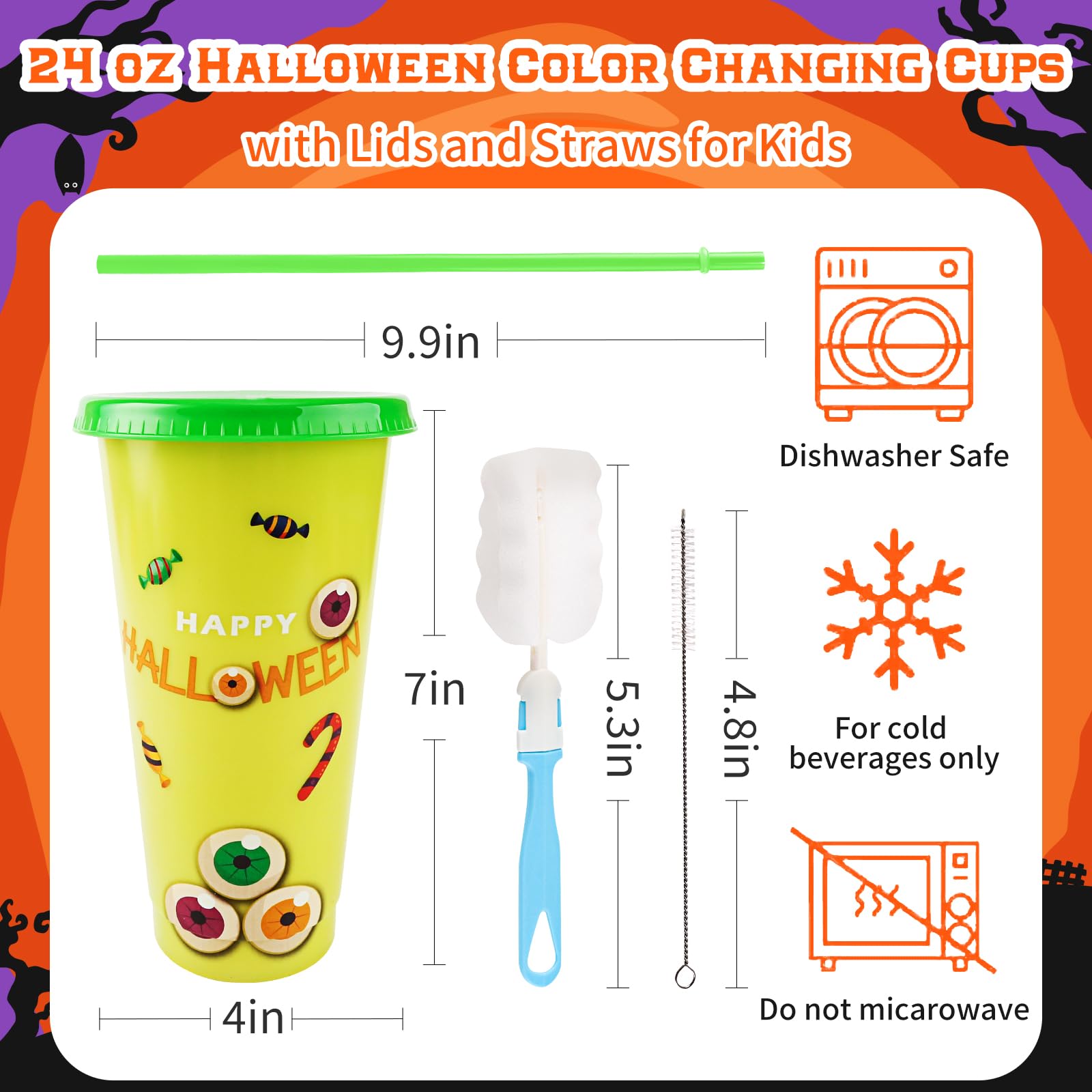 Halloween Color Changing Cups with Lids and Straws,12 Pack 24 oz Halloween Cups for Halloween Party Decorations,Reusable Plastic Cups with Lids and Straws for Adults Kid,Halloween Party Supplies