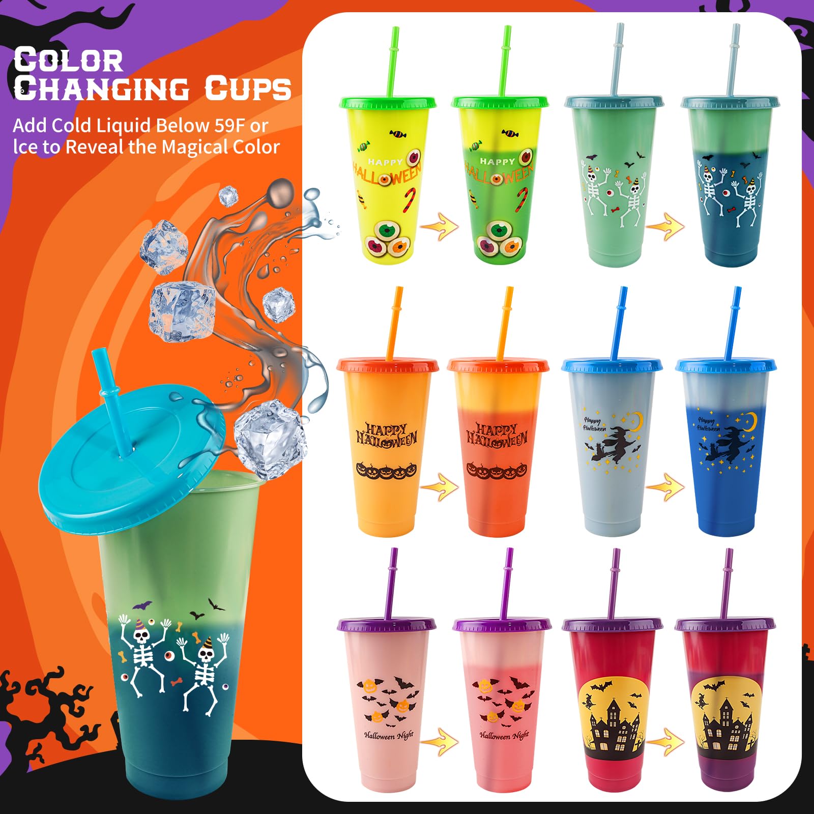 Halloween Color Changing Cups with Lids and Straws,12 Pack 24 oz Halloween Cups for Halloween Party Decorations,Reusable Plastic Cups with Lids and Straws for Adults Kid,Halloween Party Supplies