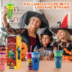 Halloween Color Changing Cups with Lids and Straws,12 Pack 24 oz Halloween Cups for Halloween Party Decorations,Reusable Plastic Cups with Lids and Straws for Adults Kid,Halloween Party Supplies