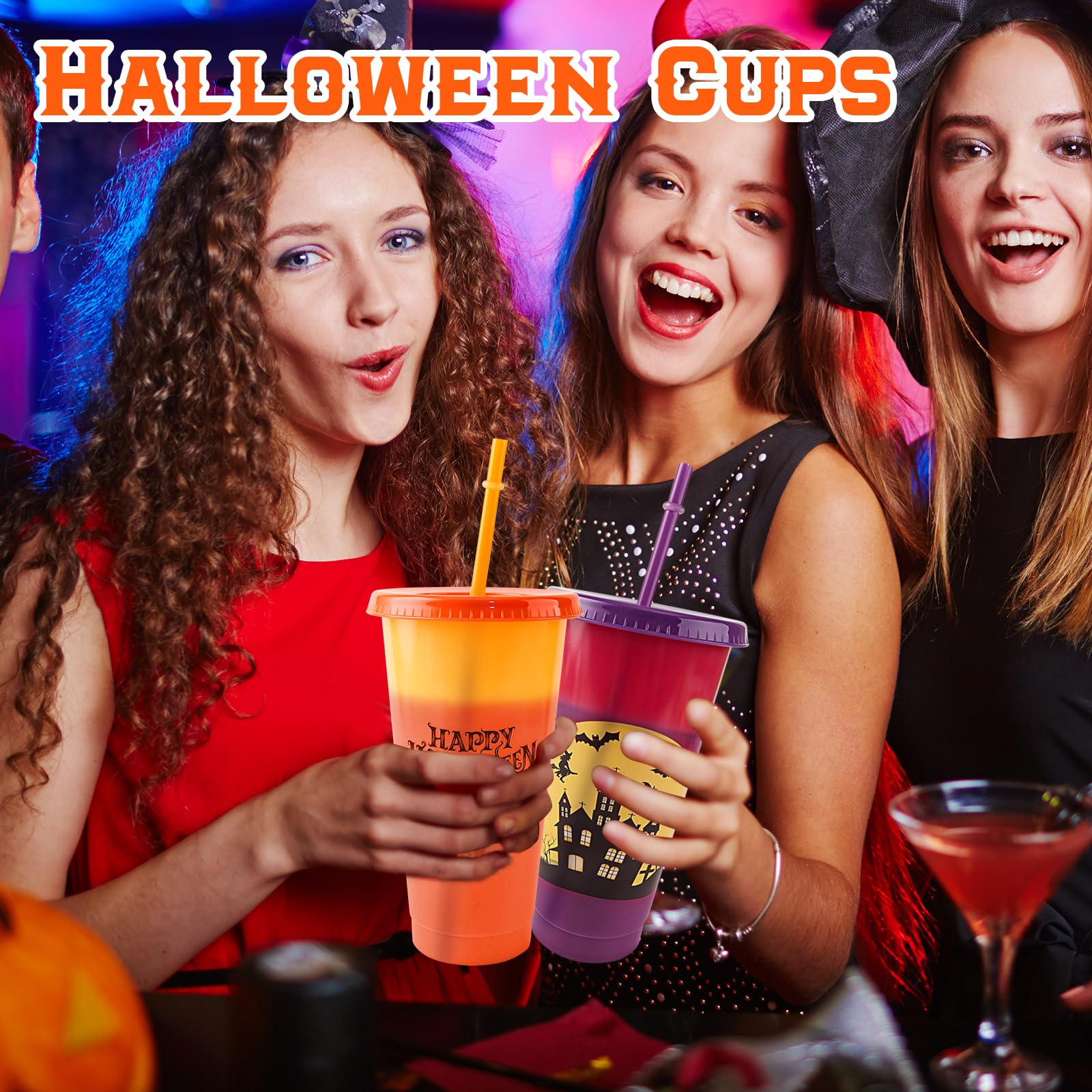 Halloween Color Changing Cups with Lids and Straws,12 Pack 24 oz Halloween Cups for Halloween Party Decorations,Reusable Plastic Cups with Lids and Straws for Adults Kid,Halloween Party Supplies