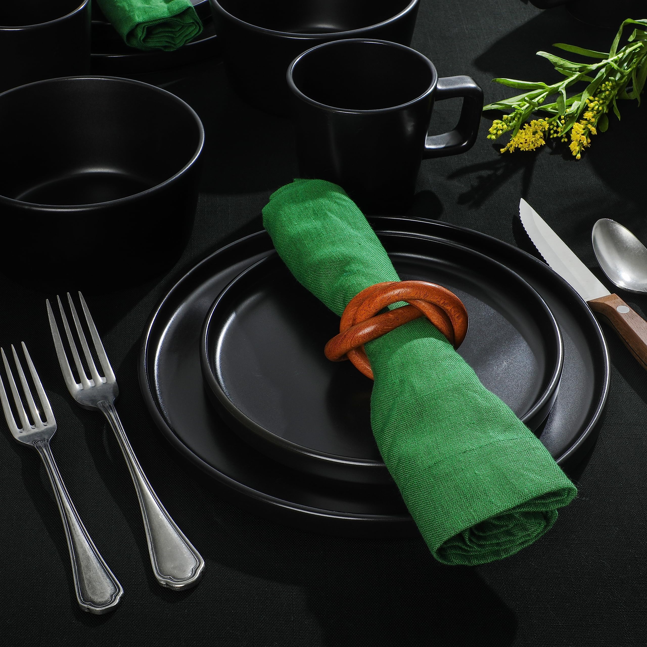 Gibson Soho Lounge Bowery 32 Piece Matte Black Stoneware Dinnerware Plates, Bowls, and Mugs Set - Service for 8