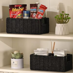 Vagusicc Wicker Baskets for Storage, Set of 4 Hand-Woven Storage Baskets for Shelves, Foldable Cube Storage Baskets Bins with Handles, Small Wicker Baskets for Organizing Pantry Bedroom, Black