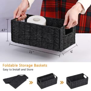 Vagusicc Wicker Baskets for Storage, Set of 4 Hand-Woven Storage Baskets for Shelves, Foldable Cube Storage Baskets Bins with Handles, Small Wicker Baskets for Organizing Pantry Bedroom, Black