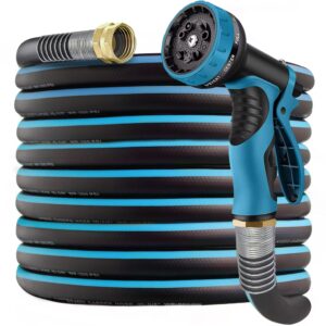 100 ft heavy duty hybrid garden hose – flexible & lightweight outdoor water hoses 5/8-in with 10 pattern spray nozzle,burst 600 psi, kink-less rubber hose car washing pipe, 3/4'' solid brass fittings