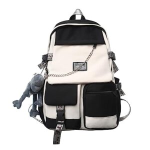mininai preppy backpack with cute monkey pendant cool chain aesthetic college backpack japanese harajuku alt emo laptop bag (one size,white)