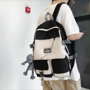 MININAI Preppy Backpack with Cute Monkey Pendant Cool Chain Aesthetic College Backpack Japanese Harajuku Alt Emo Laptop Bag (One Size,White)