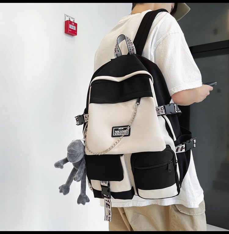 MININAI Preppy Backpack with Cute Monkey Pendant Cool Chain Aesthetic College Backpack Japanese Harajuku Alt Emo Laptop Bag (One Size,White)