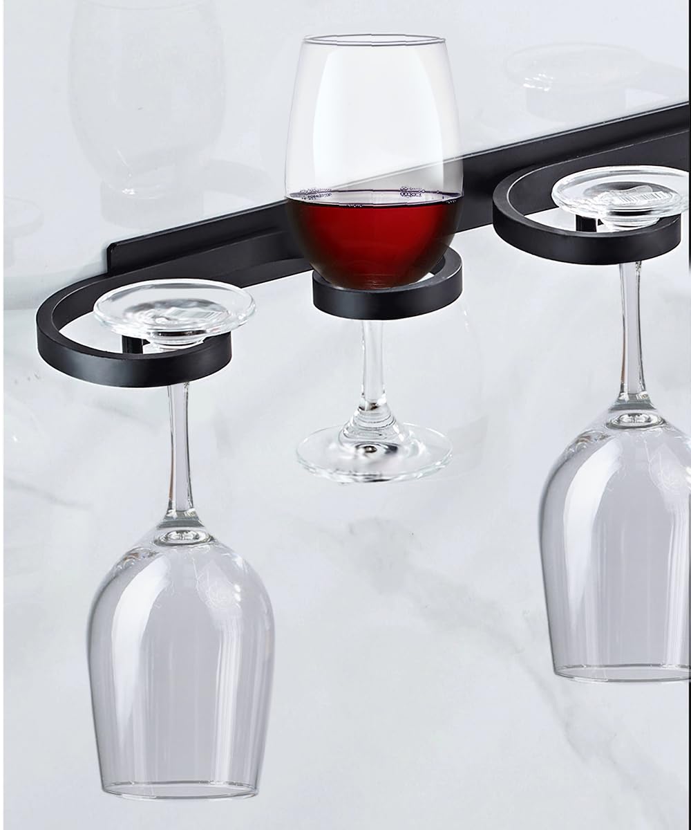 GeLive 15 Inch Wall Mounted Stemware Holder Under Cabinet Wine Glass Rack Glasses Storage Hanger Organizer for Bar Kitchen Aluminum Alloy Black