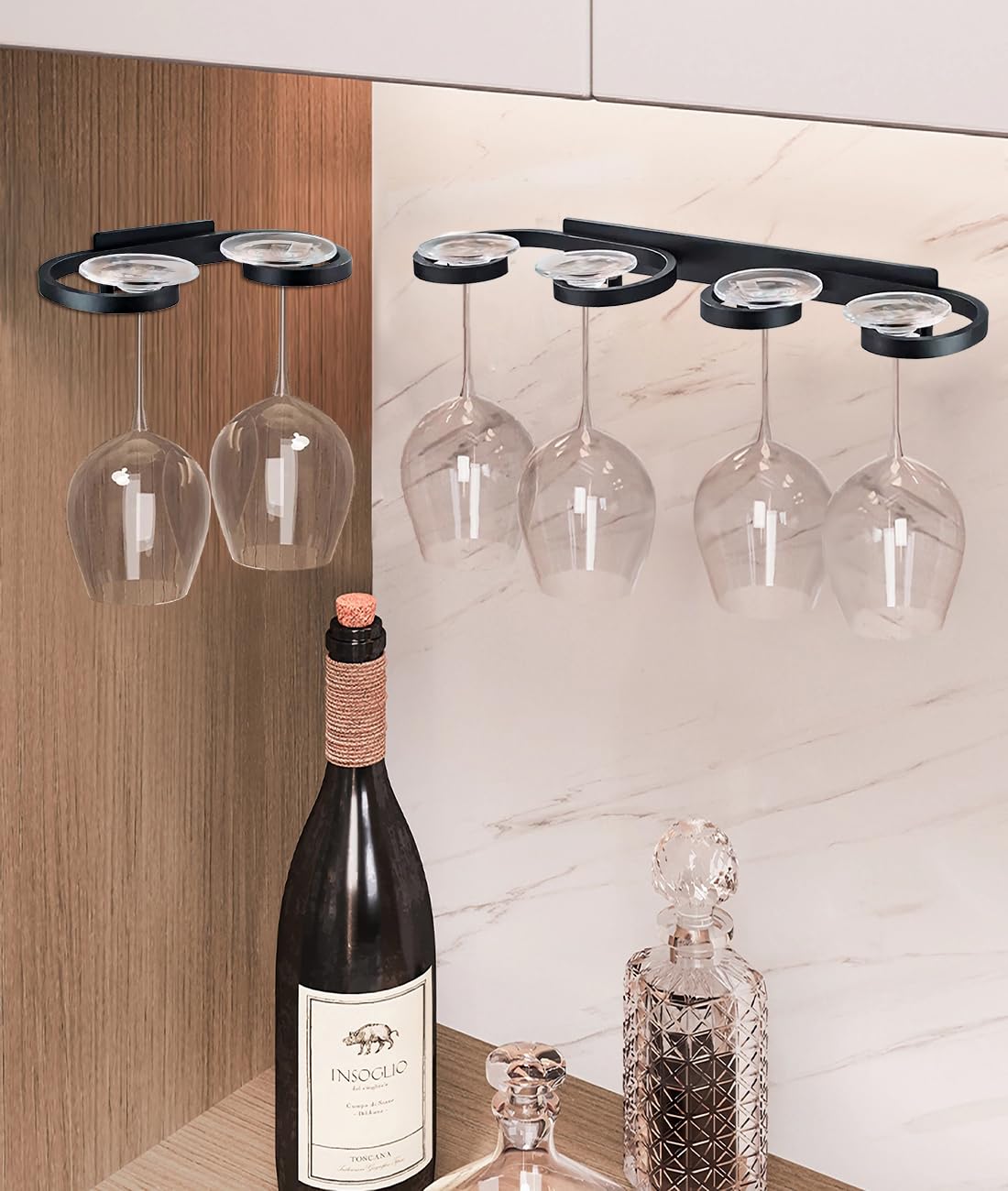 GeLive 15 Inch Wall Mounted Stemware Holder Under Cabinet Wine Glass Rack Glasses Storage Hanger Organizer for Bar Kitchen Aluminum Alloy Black