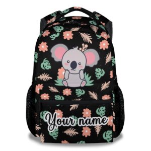 aiomxzz personalized koala backpack gifts with text name, 16 inch cute koala bookbag durable, lightweight, large capacity, funny animal backpack for school girls kids women