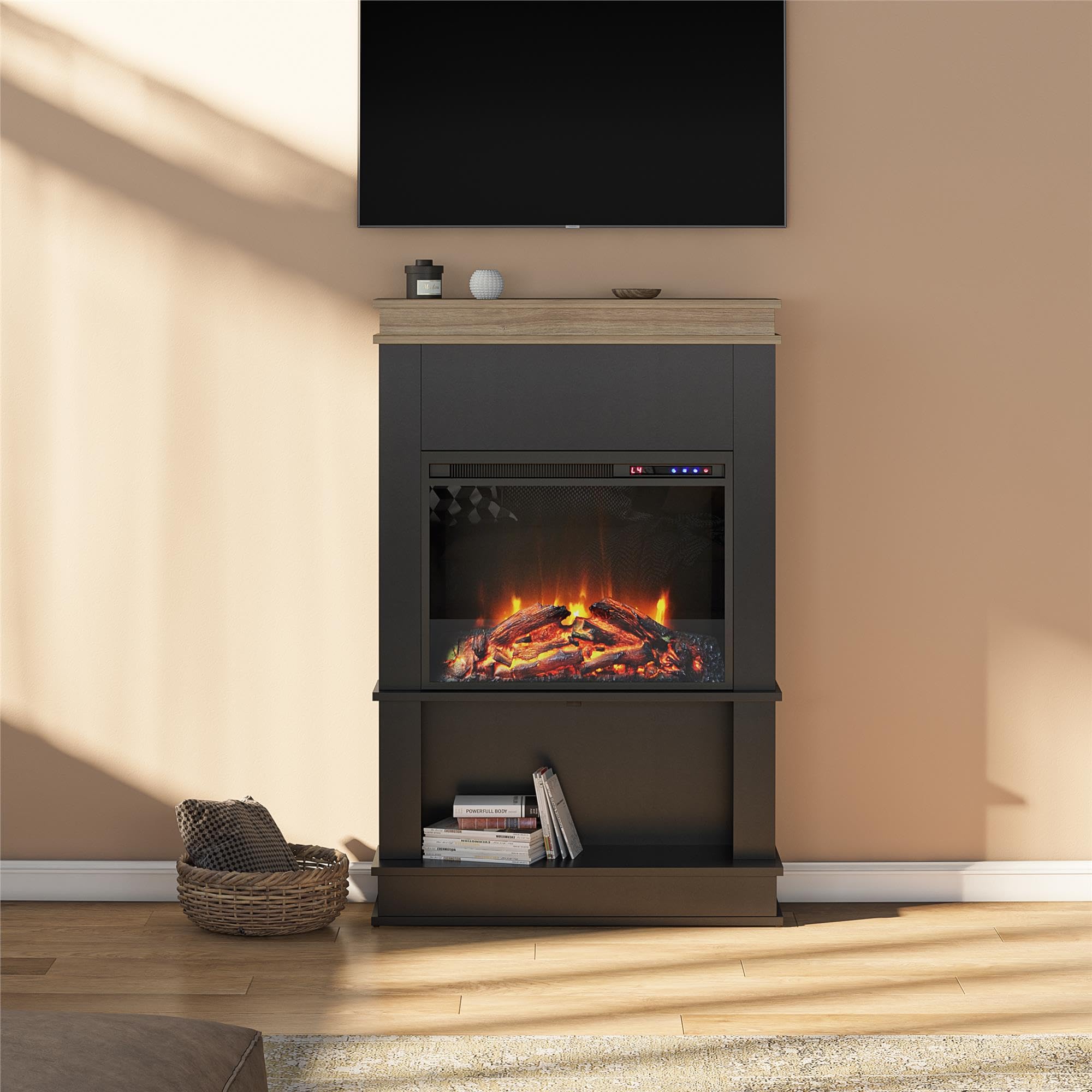 Ameriwood Home Mateo Electric Fireplace with Mantel & Open Shelf, Black