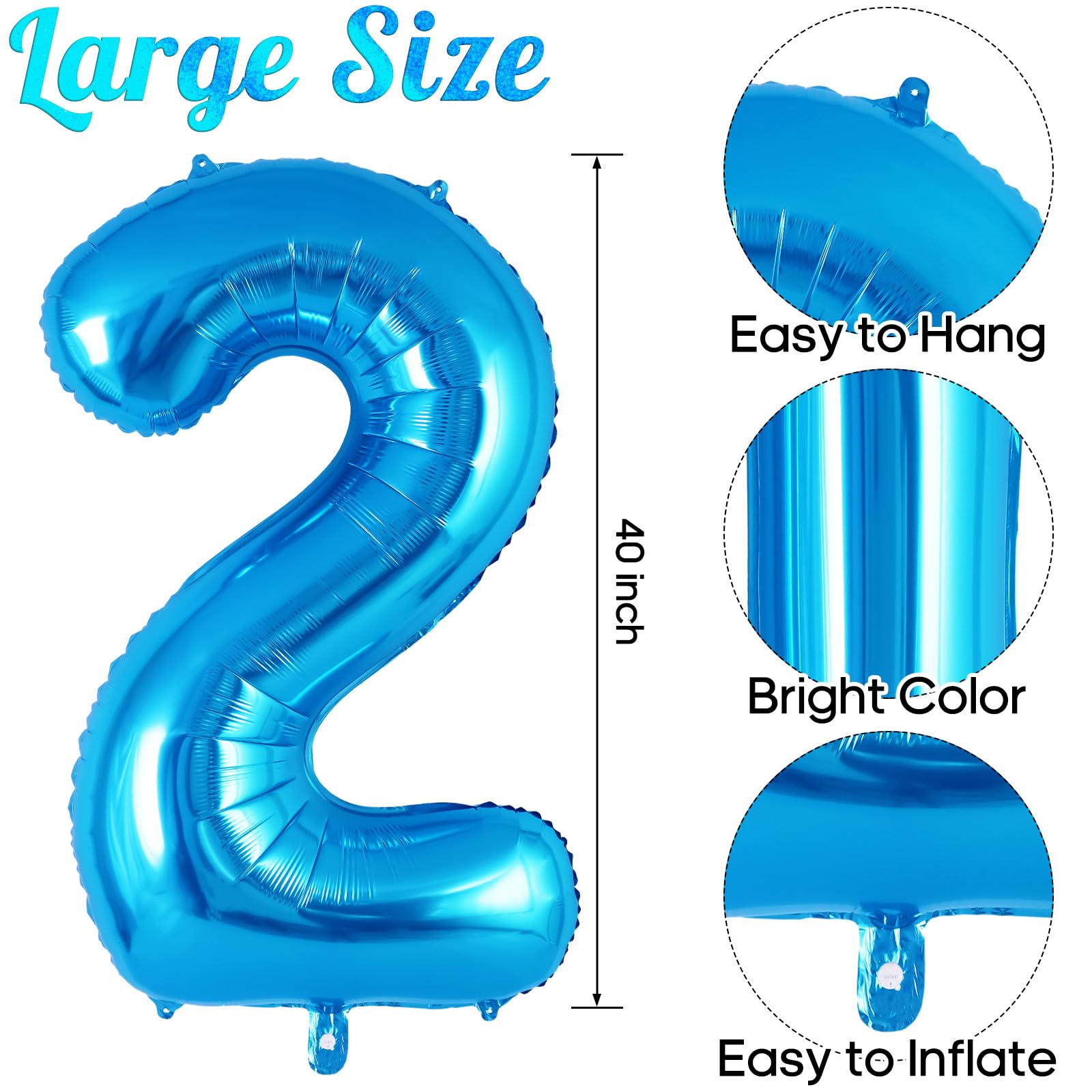 Blue Number 2 Balloon 40 Inch, Big Large Foil Helium Number Balloons, Jumbo Giant Mylar Number 2 Balloons for 2 Second Birthday Party Decorations Supplies Anniversary Celebration