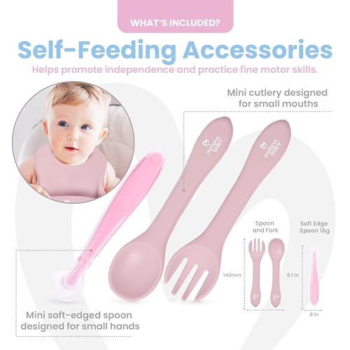 MiMiful Baby Led Weaning Supplies - 6+ Month Silicone Baby Feeding Set, First Stage BWL utensils Dinnerware,Toddler Plate Bowls Set, Spoon, Fork, Lid, Suction Bowl & Cup, Platos Para Bebes (SoftPink)