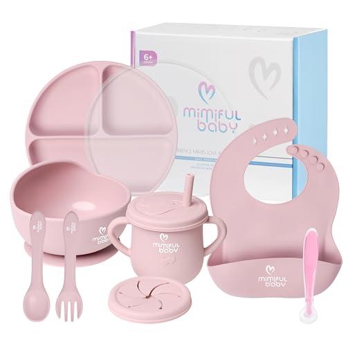 MiMiful Baby Led Weaning Supplies - 6+ Month Silicone Baby Feeding Set, First Stage BWL utensils Dinnerware,Toddler Plate Bowls Set, Spoon, Fork, Lid, Suction Bowl & Cup, Platos Para Bebes (SoftPink)