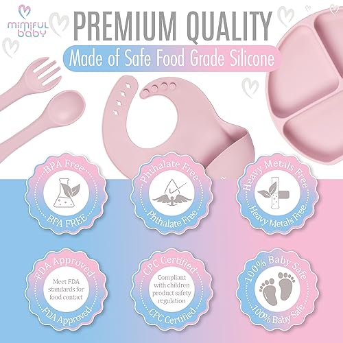 MiMiful Baby Led Weaning Supplies - 6+ Month Silicone Baby Feeding Set, First Stage BWL utensils Dinnerware,Toddler Plate Bowls Set, Spoon, Fork, Lid, Suction Bowl & Cup, Platos Para Bebes (SoftPink)