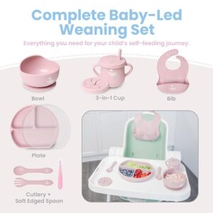 MiMiful Baby Led Weaning Supplies - 6+ Month Silicone Baby Feeding Set, First Stage BWL utensils Dinnerware,Toddler Plate Bowls Set, Spoon, Fork, Lid, Suction Bowl & Cup, Platos Para Bebes (SoftPink)