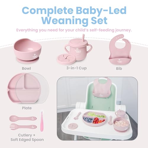 MiMiful Baby Led Weaning Supplies - 6+ Month Silicone Baby Feeding Set, First Stage BWL utensils Dinnerware,Toddler Plate Bowls Set, Spoon, Fork, Lid, Suction Bowl & Cup, Platos Para Bebes (SoftPink)