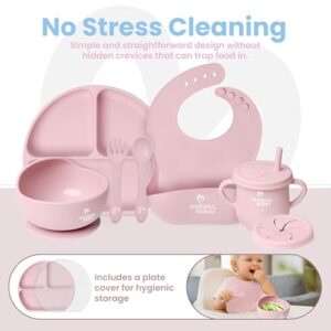 MiMiful Baby Led Weaning Supplies - 6+ Month Silicone Baby Feeding Set, First Stage BWL utensils Dinnerware,Toddler Plate Bowls Set, Spoon, Fork, Lid, Suction Bowl & Cup, Platos Para Bebes (SoftPink)